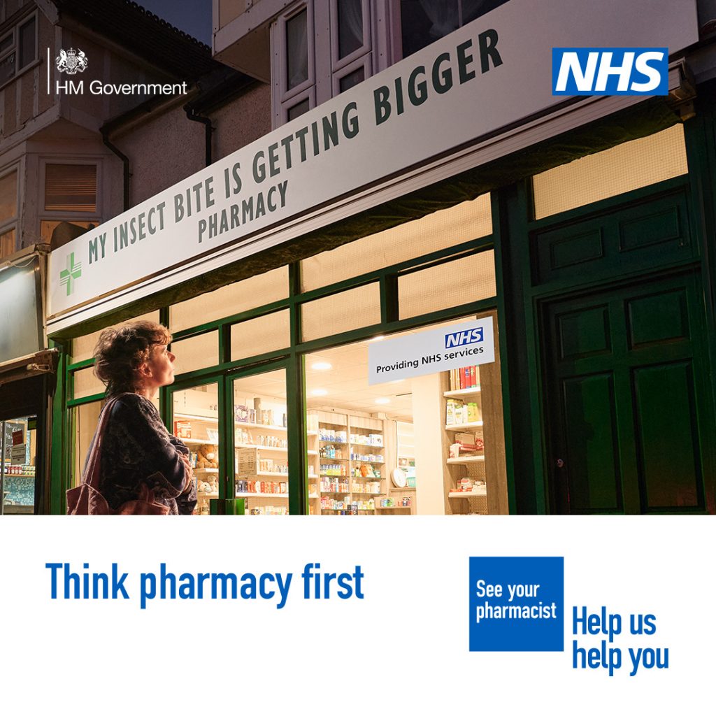 A person is standing outside a pharmacy looking uncomfortable. The sign above the pharmacy reads 'My insect bite is getting worse pharmacy'

 A lower third box features in the bottom on the image. Text in the box reads: 'Think pharmacy first'